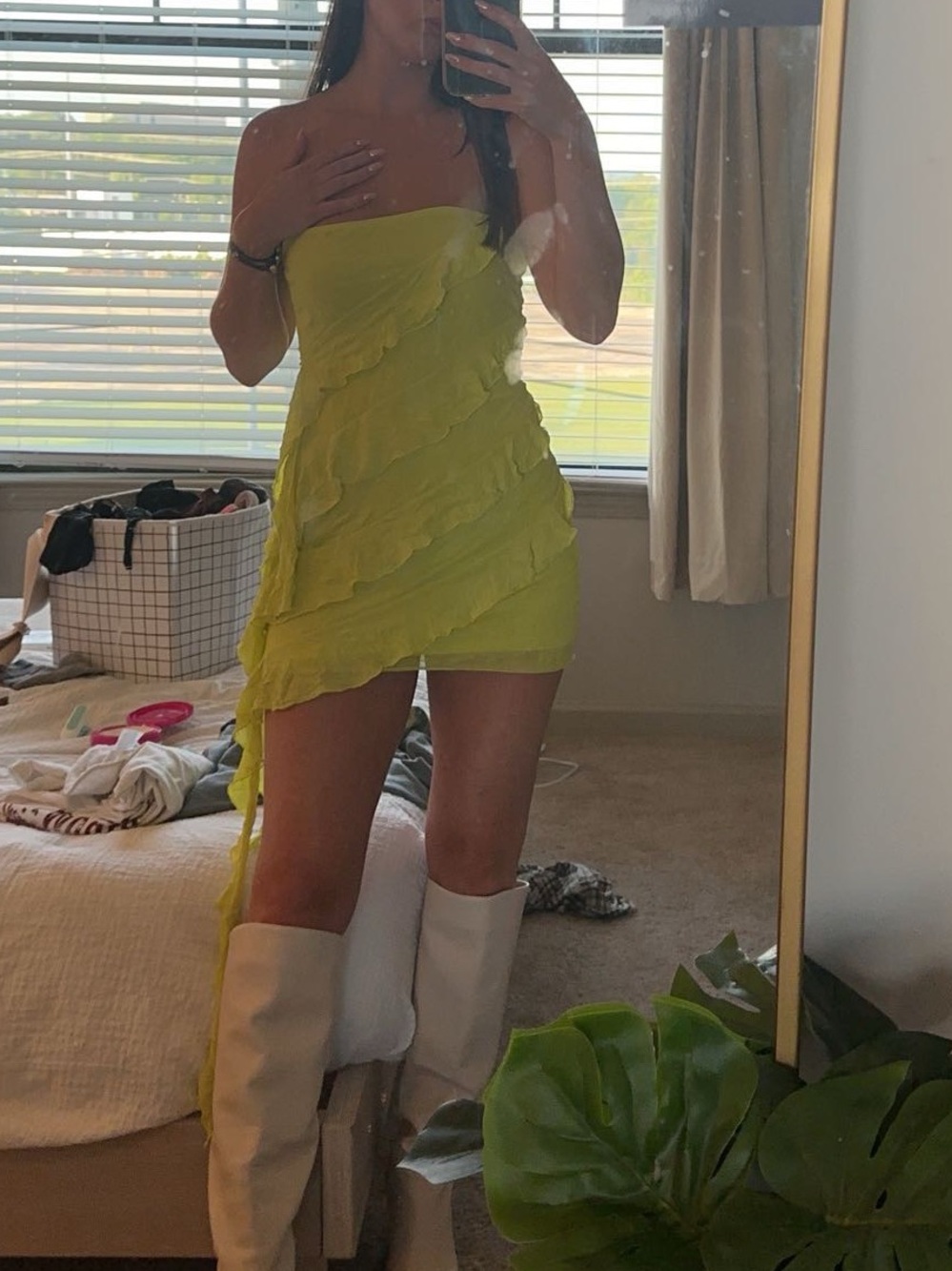 ASOS Strapless Neon Lime Ruffle Mini Dress